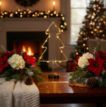 Article Sapin de Noël Silhouette en Métal Doré avec 60 LED Blancs Chauds, 37 cm