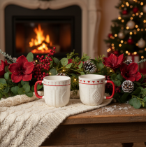Article Tasses à café en céramique avec anse rouge et décor cœur 9cm 2 pièces
