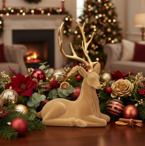 Article Figurine décorative cerf assis avec bois dorés 58 cm en matériau floqué marron clair