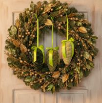 Article Lot de 3 pommes de pin décoratives en plastique floqué avec ruban et nœud, longueur 18 cm, tons verts