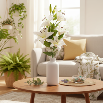 Article Lys artificiels avec 6 fleurs blanches, tige réaliste, 66 cm