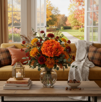 Article Hortensia conservée teintée orange grande fleur avec tige longue 60 cm