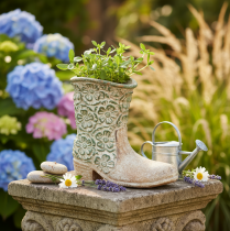 Article Jardinière en forme de botte western vintage 24 cm en poly-résine avec motif floral