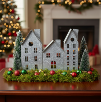 Article Décoration de Noël en métal, photophore, maisons en rangée, argenté, style Shabby Chic, 20 × 25,5 × 6 cm