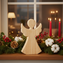 Article Ange décoratif en bois clair naturel, décoration de Noël, 30 cm
