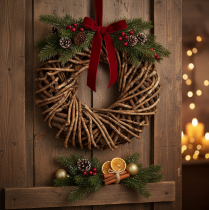 Article Couronne ronde 35 cm en branches naturelles et rotin pour décoration intérieure