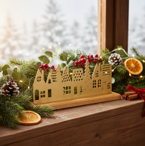 Article Décoration de Noël Silhouette de Maisons Métal Doré sur Socle en Bois 29 cm