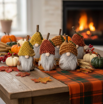 Article Set de 6 figurines lutins avec bonnet tricoté, 10 cm, tons d’automne, intérieur