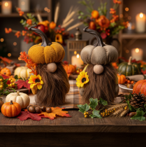 Article Figurines d'automne en forme de lutins avec citrouille, tournesol et barbe, 16 cm, lot de 2, en tissu de couleur orange et brun
