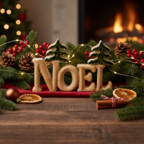 Article Décoration de Noël en bois "Noel" avec deux sapins, 18 cm