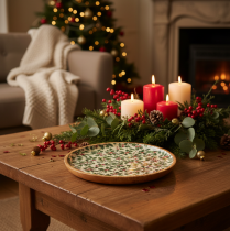 Article Plateau en bois décoratif de Noël avec motif de houx, 25 cm