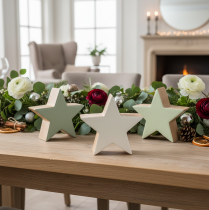 Article Étoiles décoratives en bois 10 cm, vert menthe et blanc, lot de 3