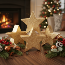 Article Étoiles décoratives en bois doré, 10 cm, set de 3, pour décoration intérieure
