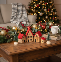 Article Set de maisons décoratives en bois avec sapins et toits rouges, 12 cm, 6 pièces