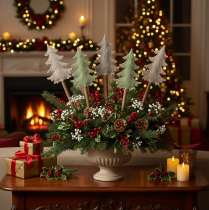 Article Décoration Sapin sur Tige en Bois Vert et Gris 45 cm Lot de 6 pour Gestecks et Plantes