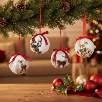 Article Boules de Noël en plastique avec motifs cerfs et rubans rouges 7 cm set de 4