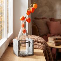 Article Vase en verre avec support en bois gris 20 cm pour décoration rustique