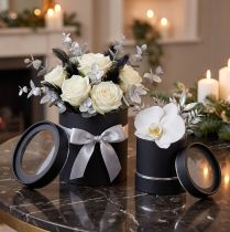 Article Set de 2 boîtes à fleurs rondes noires bordure argentée avec couvercle transparent