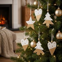 Article Lot de 6 décorations en bois blanc et or – Étoile, sapin et cœur