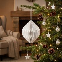 Article Boule de Noël en papier alvéolé blanc Ø15cm H20cm