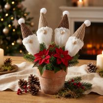 Article Décorations de Noël - Lot de 4 Gnomes sur Piques en Bois 4x11 cm, Blanc et Marron