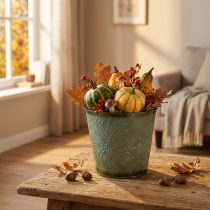 Article Poty déco en métal vert avec motif feuilles d’érable Ø17cm H14,5cm