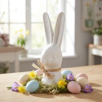 Article Décoration de Pâques - Tête de Lapin en Céramique Blanche avec Nœud en Raphia - 17 cm
