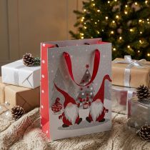 Article Lot de 4 sacs cadeaux de Noël avec poignées, motif lutins, rouge et gris, 24×18×8 cm