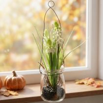Article Muscari blanc artificiel suspendu dans un vase en verre H22cm