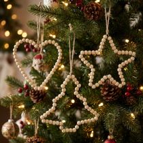 Article Décorations suspendues Noël en bois – Cœur, étoile et sapin, 13 cm, lot de 6