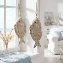 Article Duo de poissons décoratifs en bois à suspendre 21 cm – Blanc et naturel