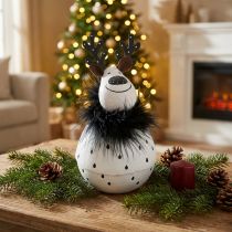 Article Renne décoratif en métal blanc et noir avec boa noir pour Noël H15,5 cm Ø8 cm
