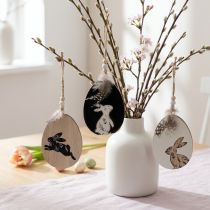 Article Lot de 6 décorations en bois à suspendre - Œufs de Pâques avec motifs de lapins