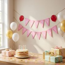 Article Guirlande DIY "Happy Birthday" en feutrine rose et rose vif avec corde de jute 300 cm
