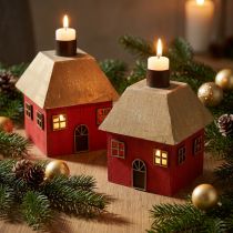 Article Maisons porte-bougies en bois rouge pour Noël 9x9x11cm – Lot de 2