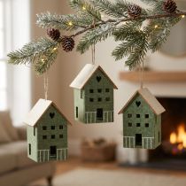 Article Set de 4 maisons décoratives en feutrine vert et bois avec cordelette pour Noël