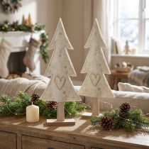 Article Tannenbaum décoratif en feutre beige crème avec socle en bois - Lot de 2 - 35 cm
