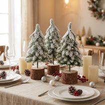Article Mini sapins enneigés décoratifs avec socle en bois – Lot de 3