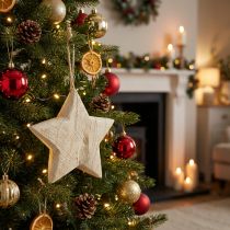 Article Étoile de Noël en Bois Naturel Ø 13,5 cm avec Suspendre, FSC