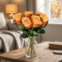 Article Bouquet de 6 roses artificielles orange avec feuillage vert – Hauteur 44 cm