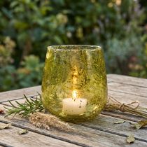 Article Photophore en Verre Décoratif Style Vintage Vert Jaune Ø12cm H12,5cm