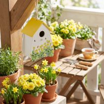 Article Maison décorative en bois avec motifs floraux - Toit jaune, 21 cm