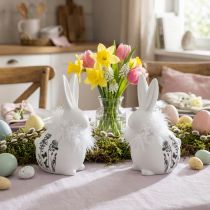 Article Figurines Lapins en Céramique Blanche avec Plumes et Motif Floral 9×7×14cm, Lot de 2