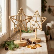 Article Étoiles décoratives en métal et fibres naturelles sur socle en bois Ø15cm - Lot de 2