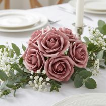Article Roses en mousse Ø7,5cm roses anciennes avec tige métallique – Lot de 18