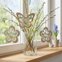 Article Suspensions en bois papillon et fleur avec glitter - Décoration printanière H11/14,5cm - Lot de 4