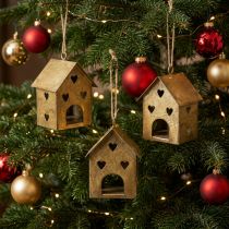 Article Décorations de Noël en métal doré vintage, maison, lot de 3, H 9,5 cm