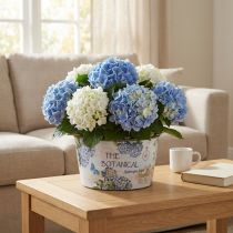 Article Cache-pot rond en plastique motif hortensias Ø21cm H11cm