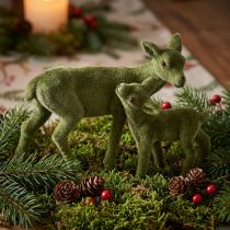 Article Figurines décoratives de Noël – Biche et faon beflockés verts, lot de 4, H9/5,5 cm