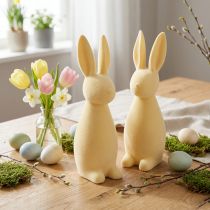 Article Figurines déco lapins de Pâques en plastique floqué jaune clair, 29,5 cm, lot de 2